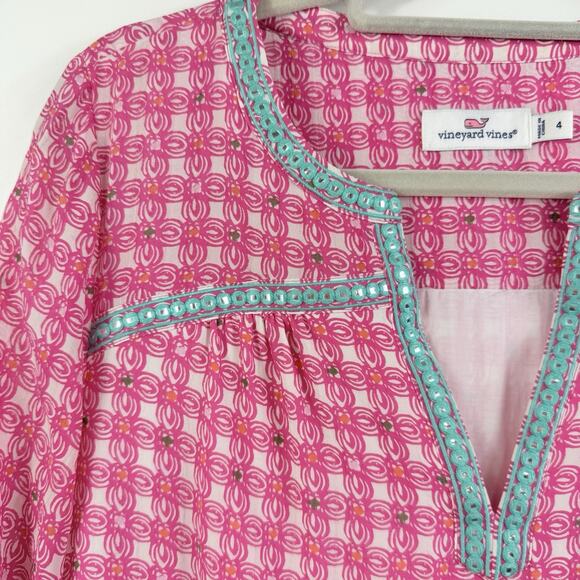 Vineyard Vines Cowrie Shell Mirrored 100% Silk Tunic Dress Size 4 Embroidered - Picture 5 of 16